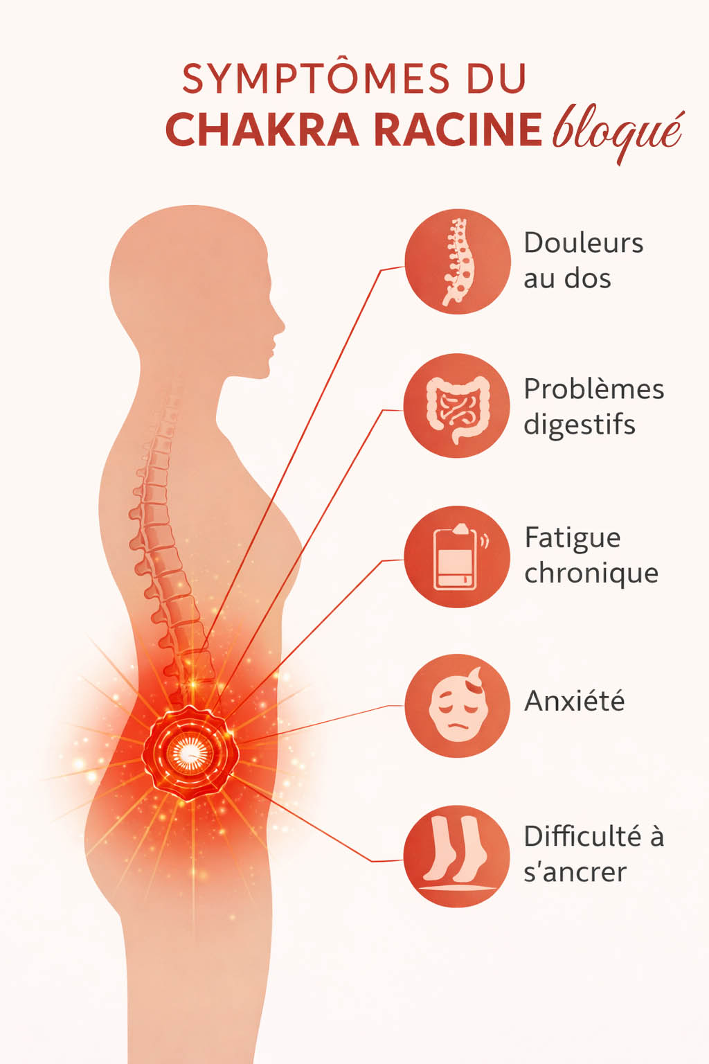 Infographie symptômes chakra racine bloqué Douleurs dos fatigue anxiété