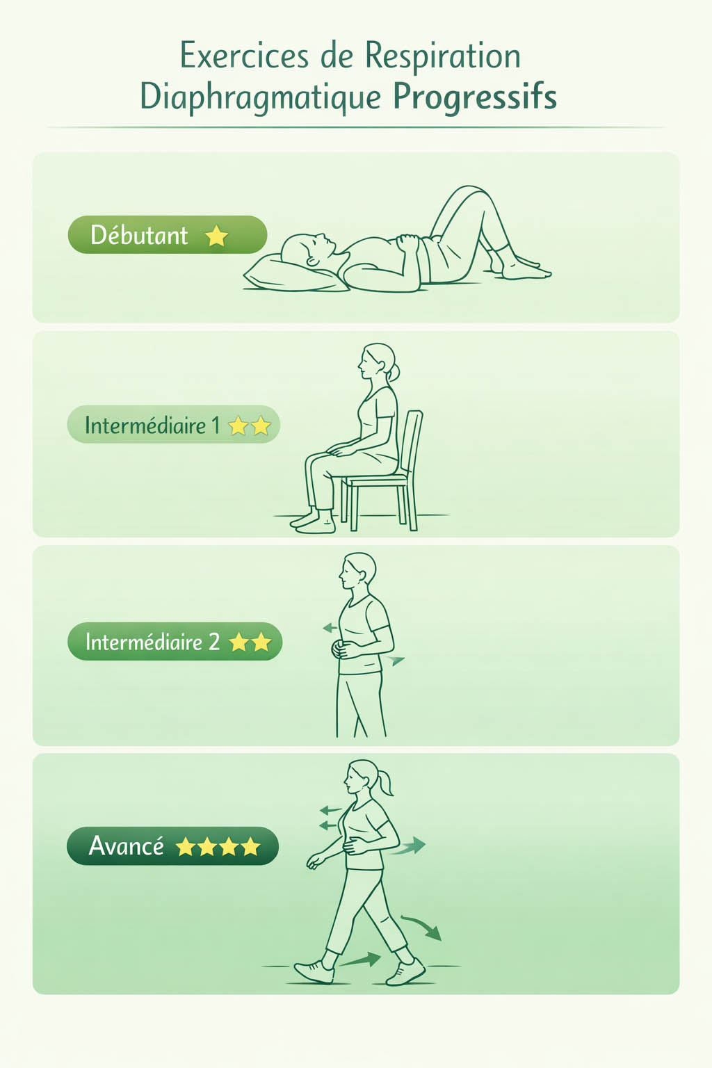 exercices respiration diaphragmatique progressifs kiné niveau débutant avancé